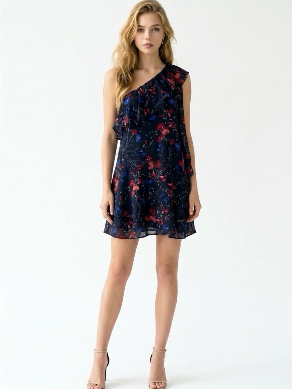 Parker One-Shoulder Navy Floral Ruffle Mini Dress